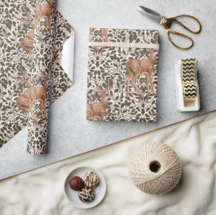 Papier Cadeau Cerf sur le motif damassé de chêne décoratif en br