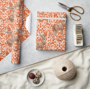 Papier Cadeau Cerf sur le motif damassé de chêne décoratif en or