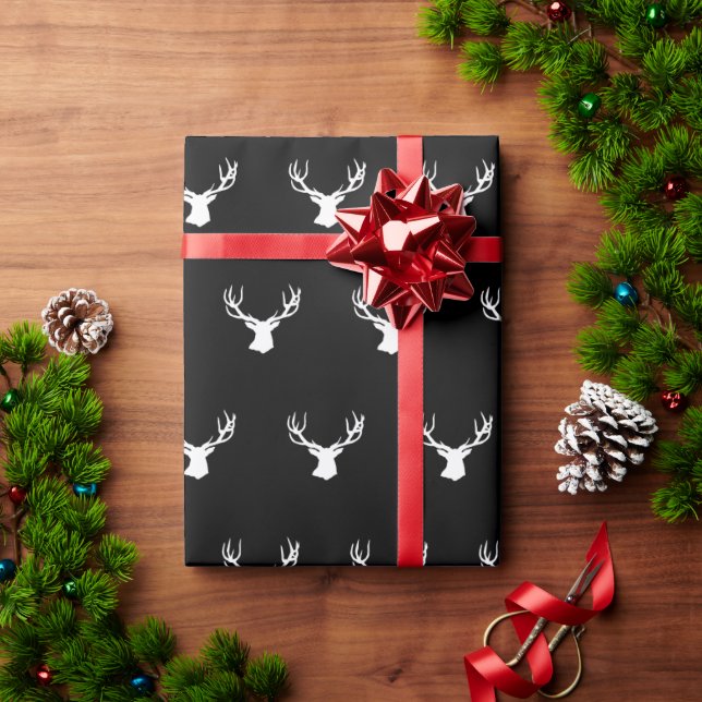 Papier Cadeau cerf wapiti chasse noir blanc Noël (Cadeau de vacances)