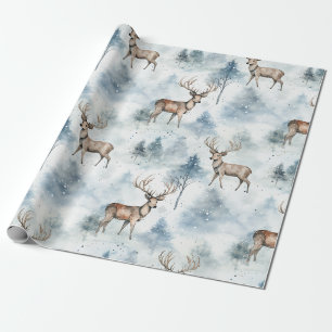 Papier Cadeau Cerfs de la forêt aquarelle d'hiver (5)