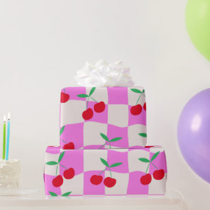 Papier Cadeau Cerises à carreaux sur des damiers roses tordus