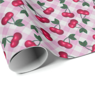 Papier Cadeau Cerises rétro en rose En vichy