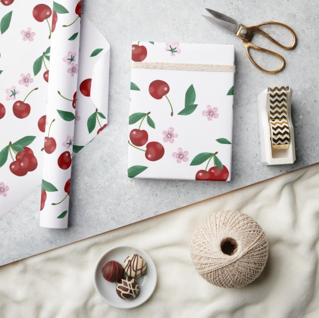 Papier Cadeau Cerises rouges botaniques Verdure et fleurs (Artisanat)