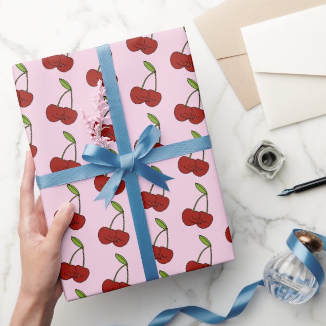 Papier Cadeau Cerises rouges Kawaii en rose (Cadeaux)