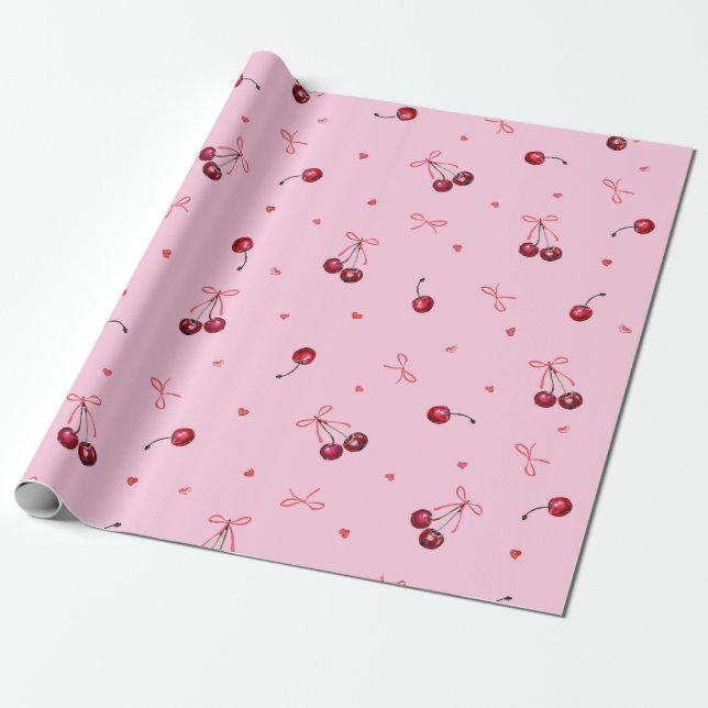Papier Cadeau Cerises rouges mignonnes Bows Coeurs sur rose (Déroulé)