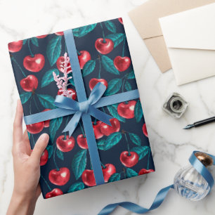 Papier Cadeau Cerises rouges sur papier d'emballage bleu foncé