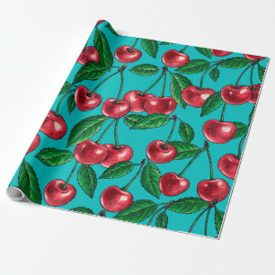 Papier Cadeau Cerises rouges sur turquoise