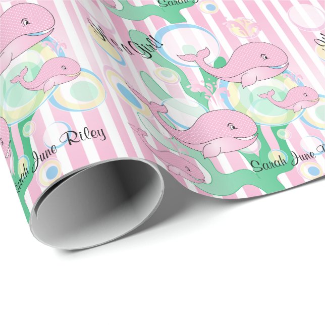 Papier Cadeau C'est des baleines d'un bébé de rose de fille (Coin rond)