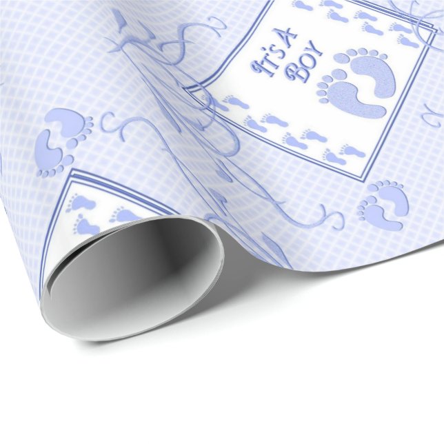 Papier Cadeau C'est Un Garçon Bleu Empreintes Papier Enveloppant (Coin rond)