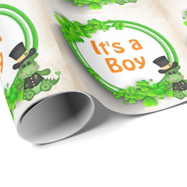Papier Cadeau C'est un garçon mignon dragon dans Clovers Baby sh (Coin rond)