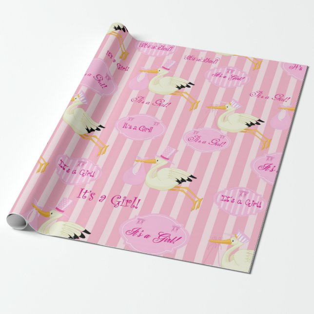 Papier Cadeau C'est un joli thème de cigogne rose (Déroulé)