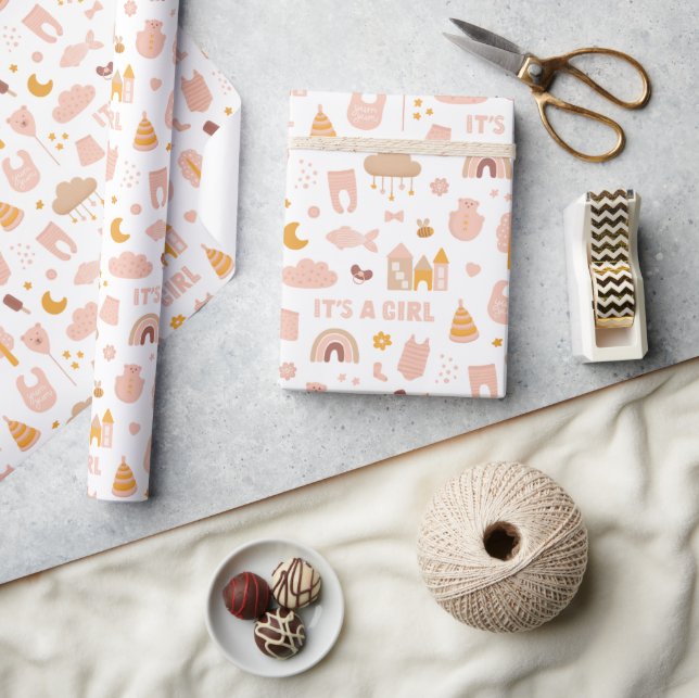 Papier Cadeau C'est une fille. Joli baby shower motif rose paste (Artisanat)