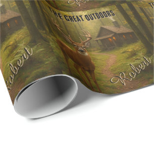 Papier Cadeau Chalet Rustique de Chasse au Cerf Nom Signature de