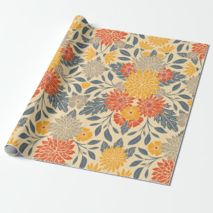 Papier Cadeau Chaleureux Jaune, Orange & Bleu Floral