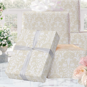 Papier Cadeau Champagne Gold White Damask Mariage élégant