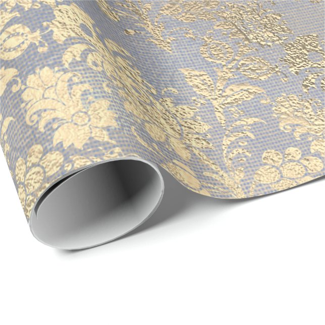 Papier Cadeau Champagne Or Floral Bleu Burlap Lin (Coin rond)