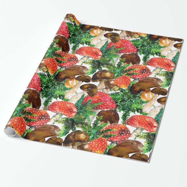 Papier Cadeau Champignons d'aquarelle et motif de fougères verte (Déroulé)
