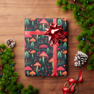 Papier Cadeau Champignons de la Forêt Botanique Noire de Noël