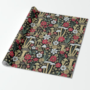 Papier Cadeau Champignons et fleurs rouges et verts