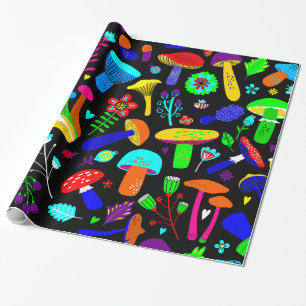 Papier Cadeau champignons psychédéliques rétro floral vibrant
