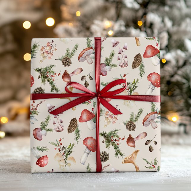 Papier Cadeau Champignons rustiques en bois Noël (Créateur téléchargé)