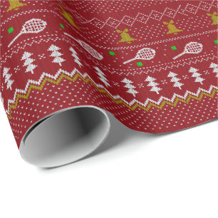 Papier Cadeau Chandail de Noël de Tennis Motif tricoté Rouge Noë