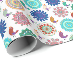 Papier Cadeau Chanter Bird et Mandala Folk Art Motif