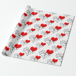 Papier Cadeau Chanter Motif de coeur. Coeurs rouges, notes noire