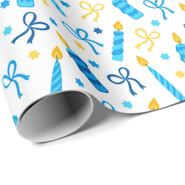 Papier Cadeau Chanukah bougies brûlant blanc bleu or (Coin rond)