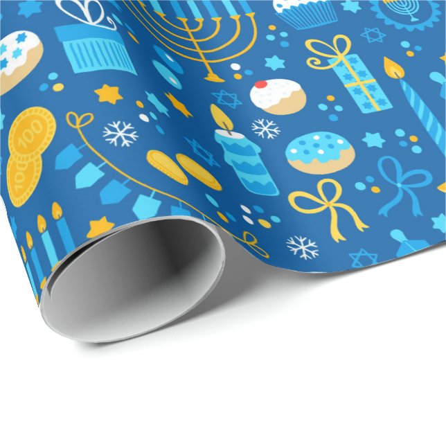 Papier Cadeau Chanukah Célébrer Gelt Etoiles juives Snowflakes (Coin rond)