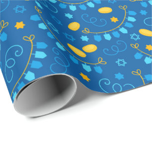 Papier Cadeau Chanukah Dreidel Banners Gelt Cadeaux Etoiles juiv