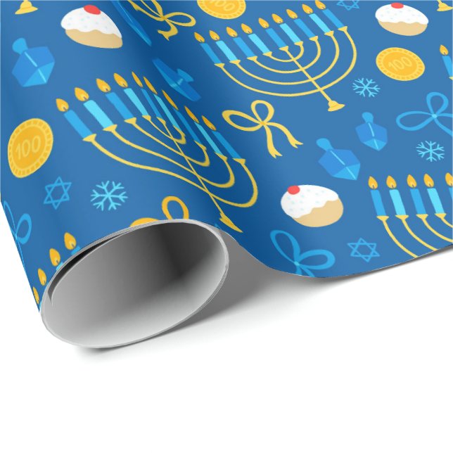 Papier Cadeau Chanukah Menorah Gelt Dreidel Bleu (Coin rond)