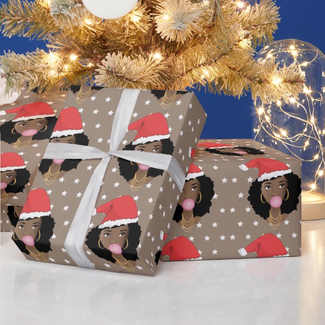 Papier Cadeau Chapeau de Noël, Femme noire, Bubblegum, Étoiles (Vacances)