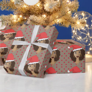 Papier Cadeau Chapeau de Noël, Femme noire, Points rouges, Brown