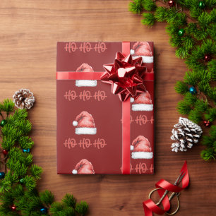 Papier Cadeau Chapeau de Père Noël à l'aquarelle Ho Ho Ho Noël F