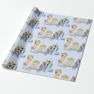 Papier Cadeau Chariot de château du prince royal bleu or garcon