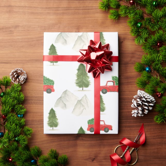 Papier Cadeau Chariot rouge Aquarelle Noël Noël Fêtes (Cadeau de vacances)