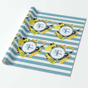Papier Cadeau Chariots de construction Bleu rayures Monogramme