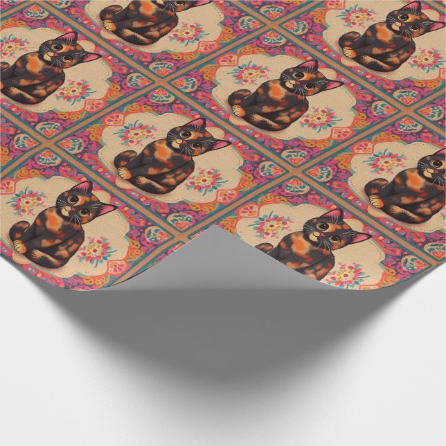Papier Cadeau Charmant Cute Tortoiseshell Chat Vibrant frontière (Coin)