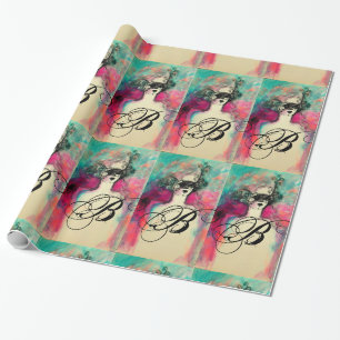 Papier Cadeau CHARME /Dame au Masque Monogramme rose Turquoise v