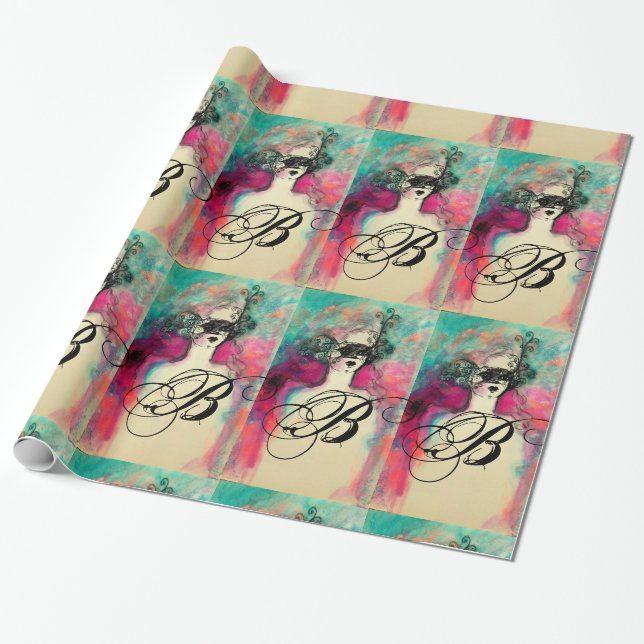 Papier Cadeau CHARME /Dame au Masque Monogramme rose Turquoise v (Déroulé)