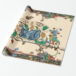 PAPIER CADEAU CHASSE BESTIAIRE MÉDIÉVALE LARGE CHAT, OISEAU ET F