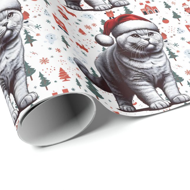Papier Cadeau Chat à air noir Noël, Noël Père Noël Kitten (Coin rond)