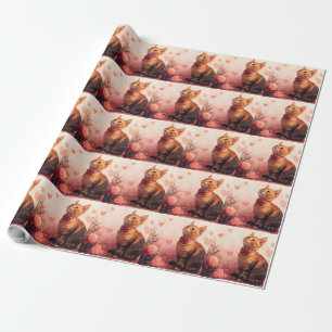Papier Cadeau Chat Abyssin avec des Roses - Saint-Valentin