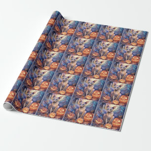 Papier Cadeau Chat abyssin d'Halloween avec citrouilles effrayan
