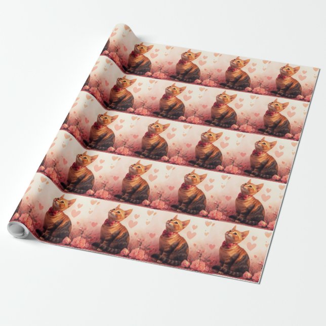 Papier Cadeau Chat abyssinien avec Rose - Saint Valentin (Déroulé)