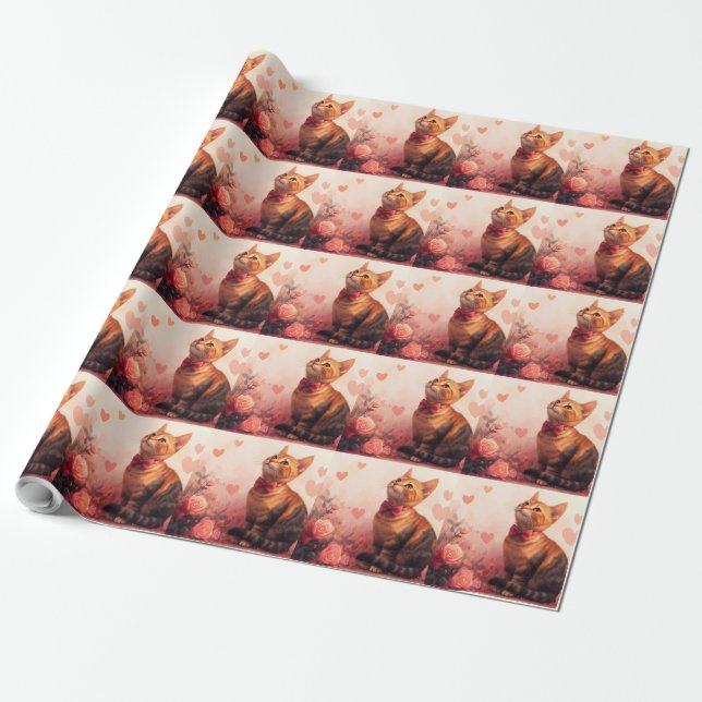 Papier Cadeau Chat abyssinien avec Rose - Saint Valentin (Déroulé)