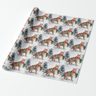 Papier Cadeau Chat Bengal dans Noël enneigé 