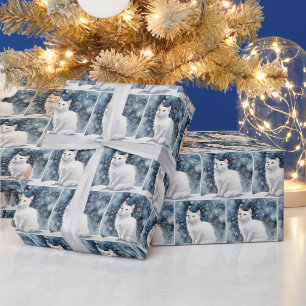 Papier Cadeau Chat Blanc Aquarelle Dans Les Flammes De Neige