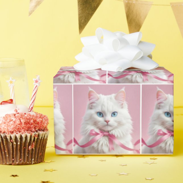 Papier Cadeau Chat blanc avec cabot rose (Fête d'anniversaire)